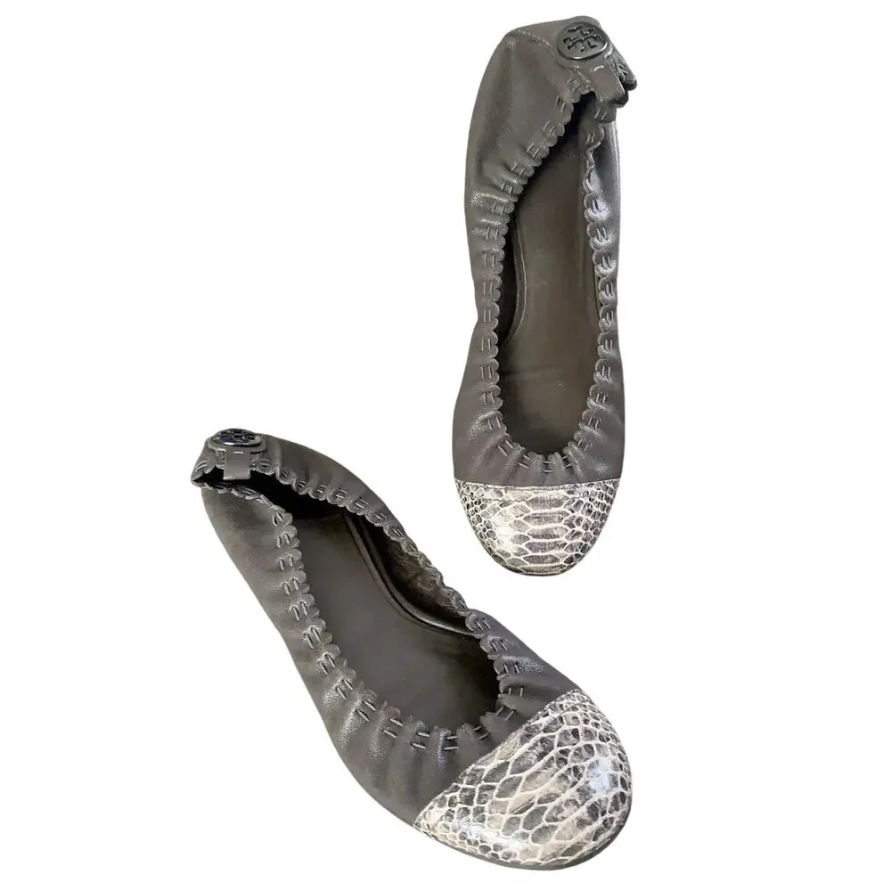 TORY BURCH Leather Snakeskin Ballet Flat Slip-On Shoe Grey Gunmetal Logo WMNS 9 - Picture 2 of 14